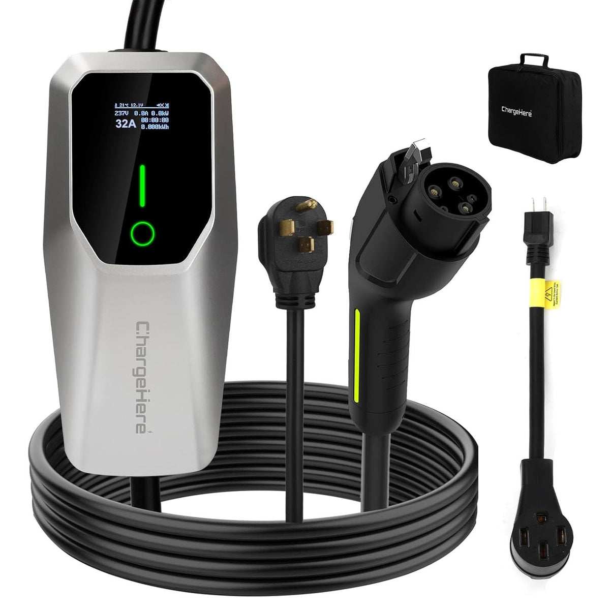 CHARGEHERE front view showing compact EVSE and display for easy monitoring