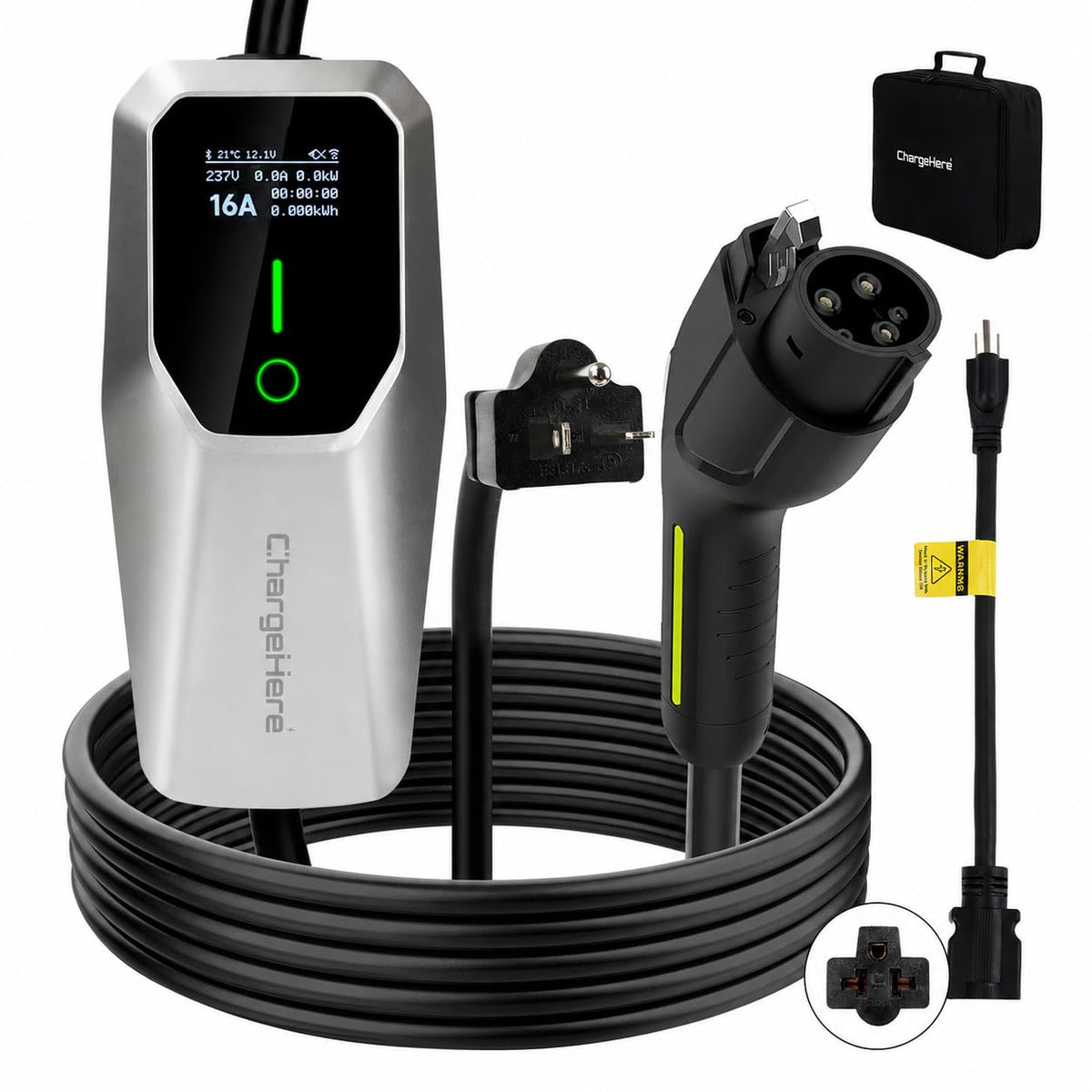 CHARGEHERE front view showing portable EV charger and benefits for easy charging