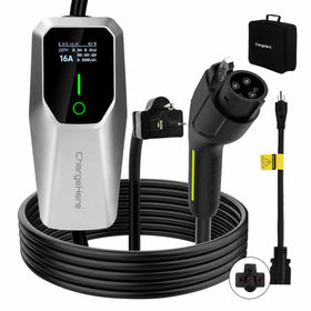 CHARGEHERE front view showing portable EV charger and benefits for easy charging