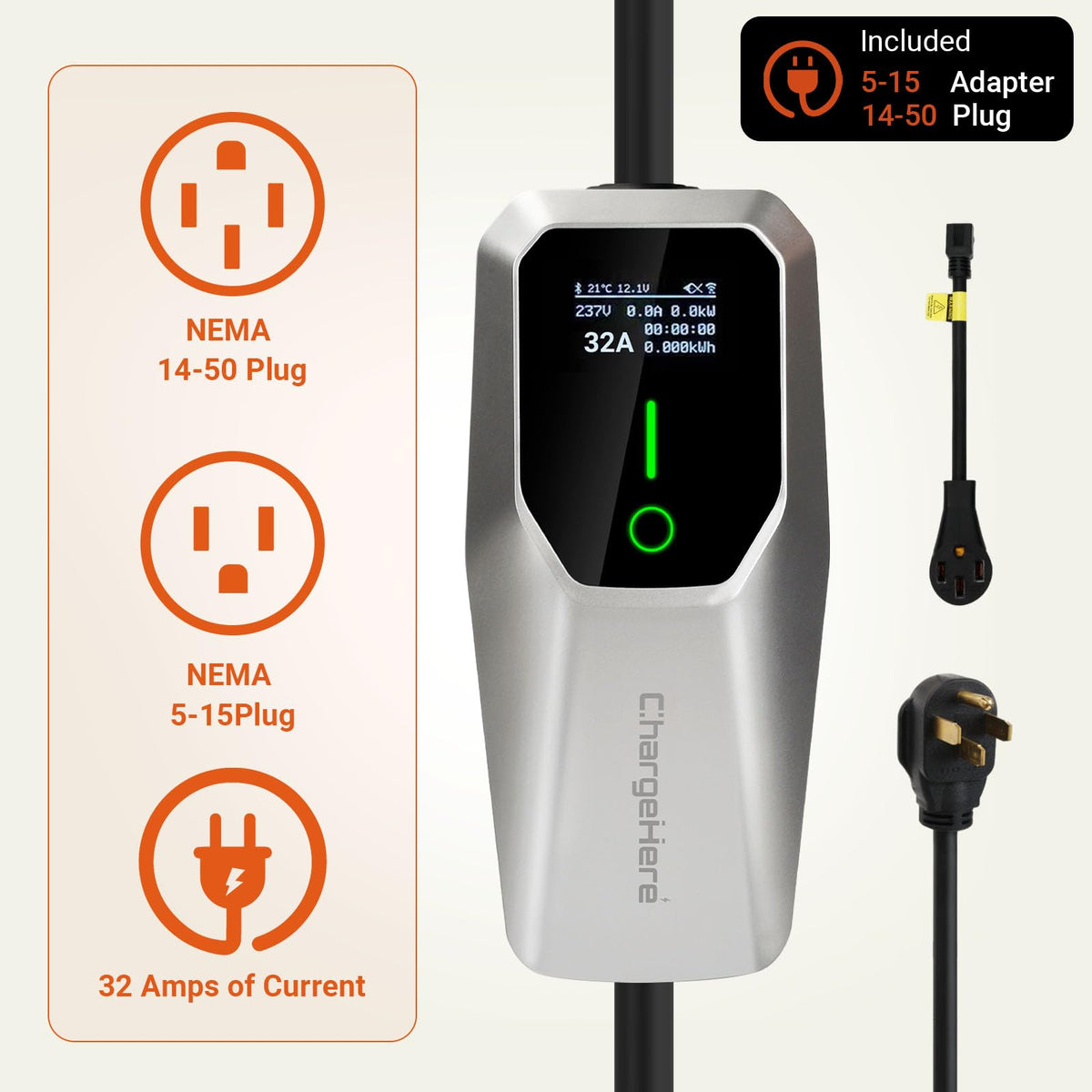 CHARGEHERE J1772 connector closeup showing secure fit and ergonomic grip