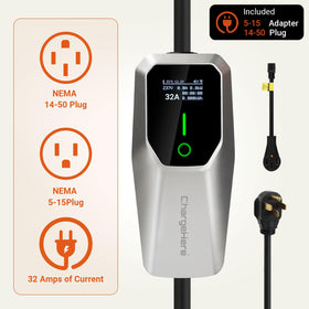 CHARGEHERE J1772 connector closeup showing secure fit and ergonomic grip