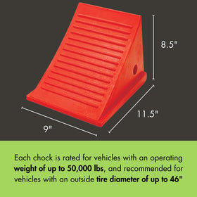 Checkers chock placed under truck tire demonstrating secure vehicle support