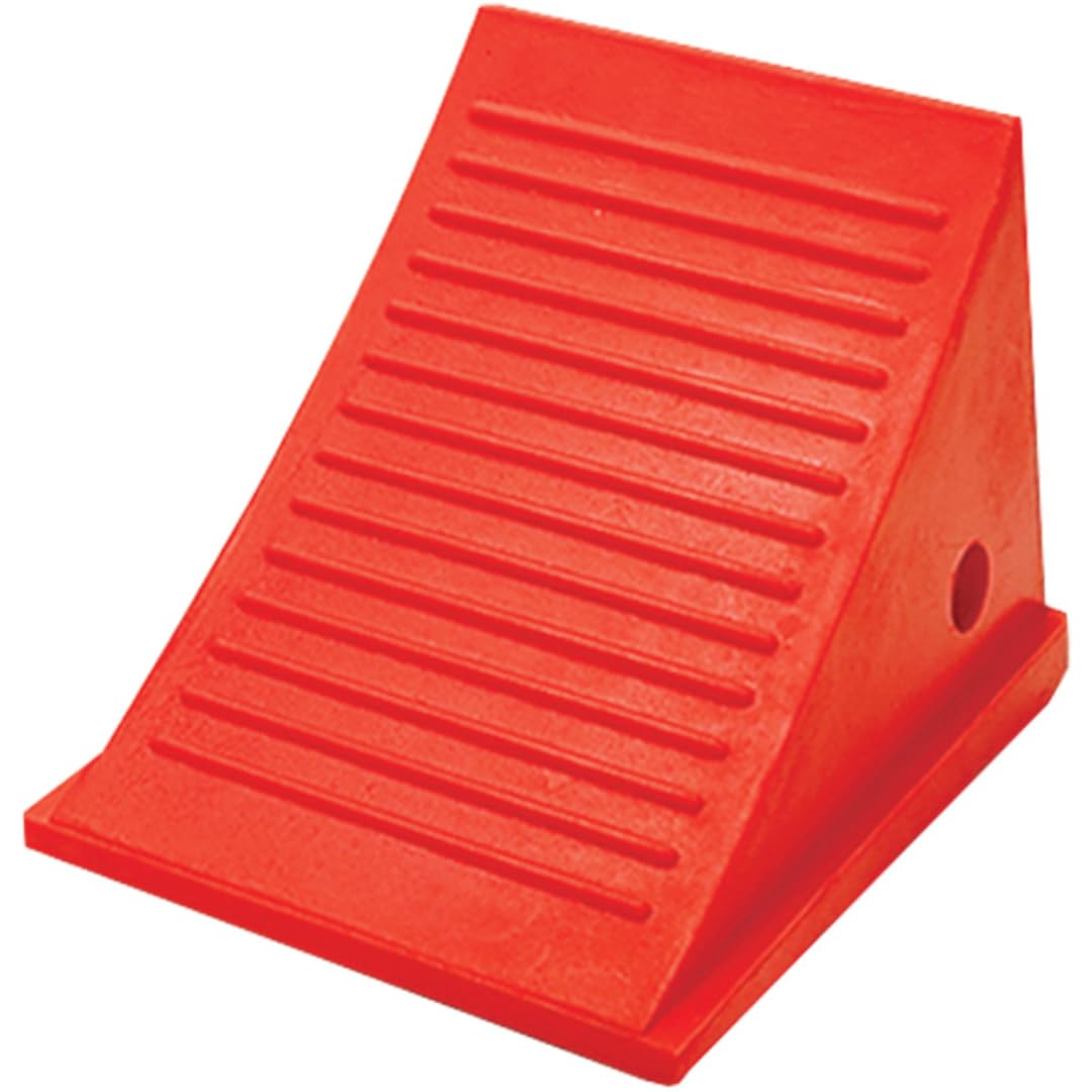 Checkers chock front view showing bright orange visibility and secure fit