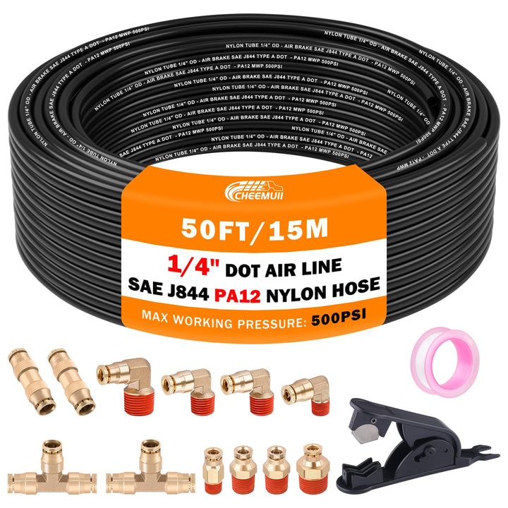 CheeMuii front package showing full DOT air fittings kit for quick repairs