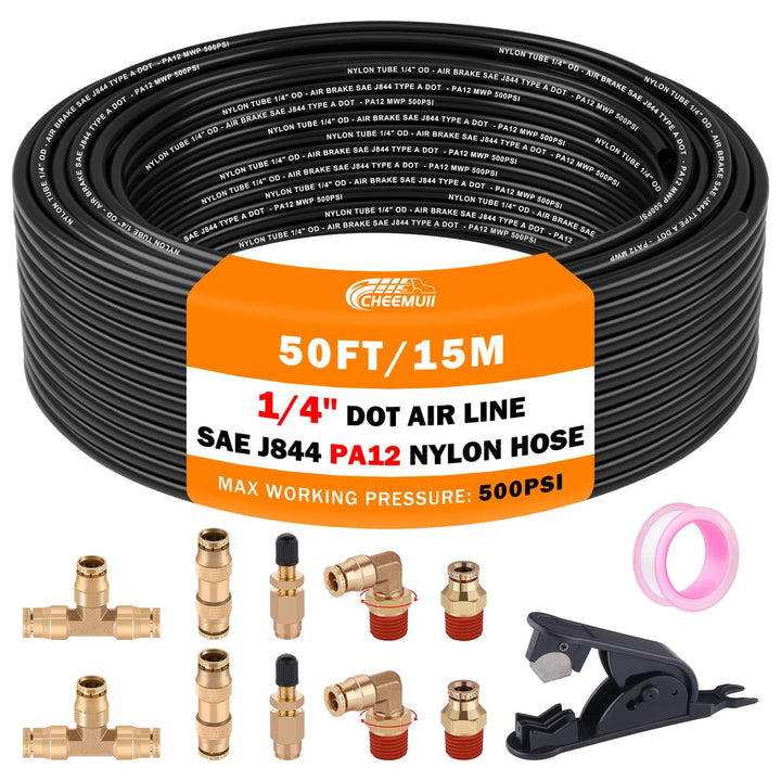 CheeMuii front view showing 50ft DOT air hose and included fittings benefits durability