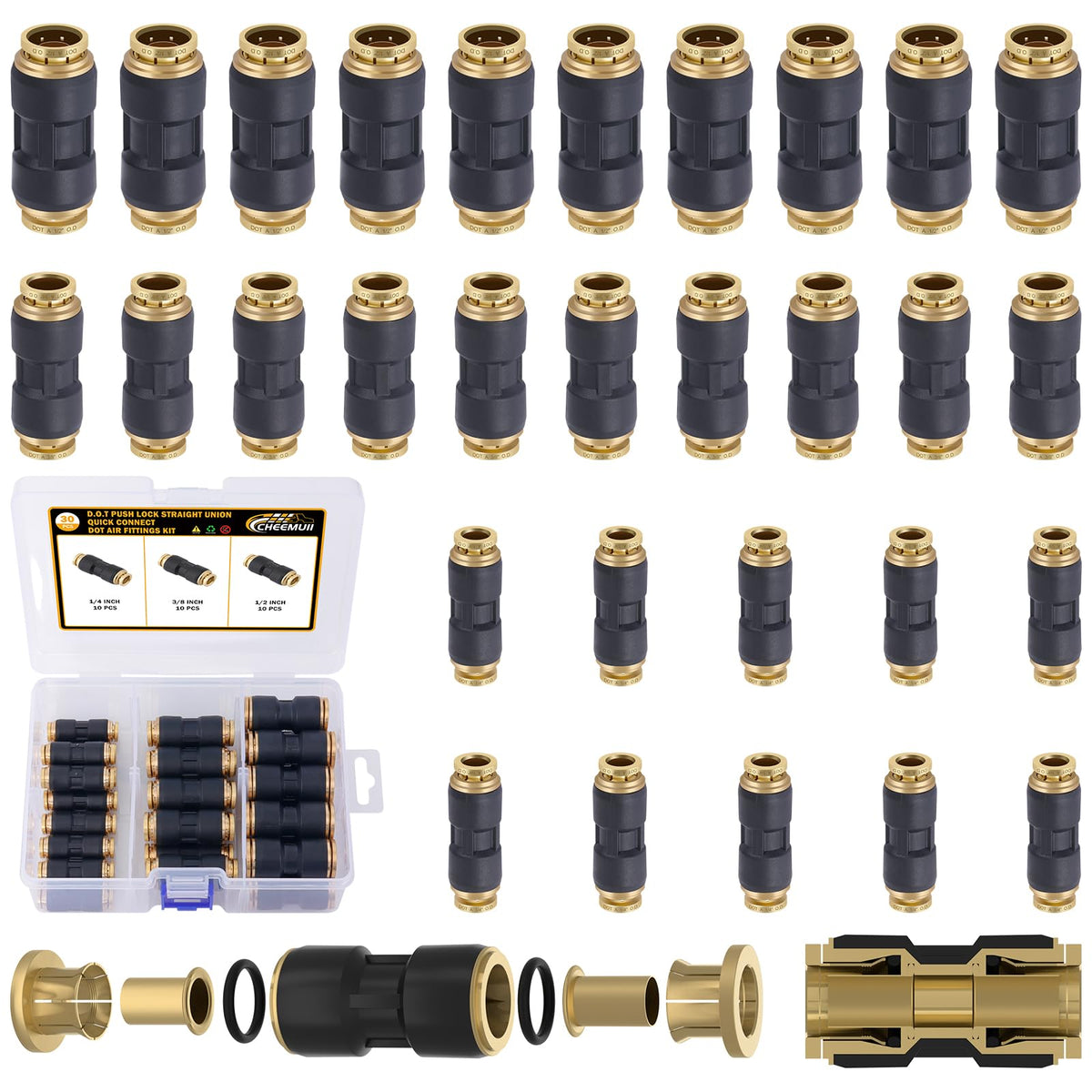 CheeMuii front view of 30-piece DOT brass unions showing kit benefits