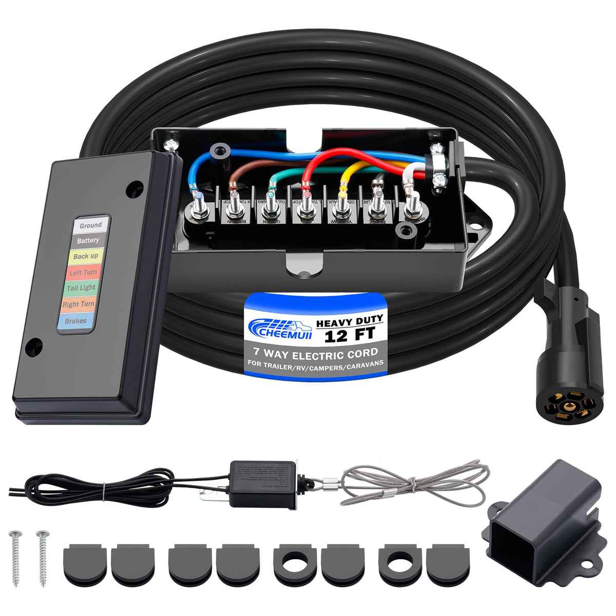 CheeMuii front packaging showing complete 7-way harness kit and benefits