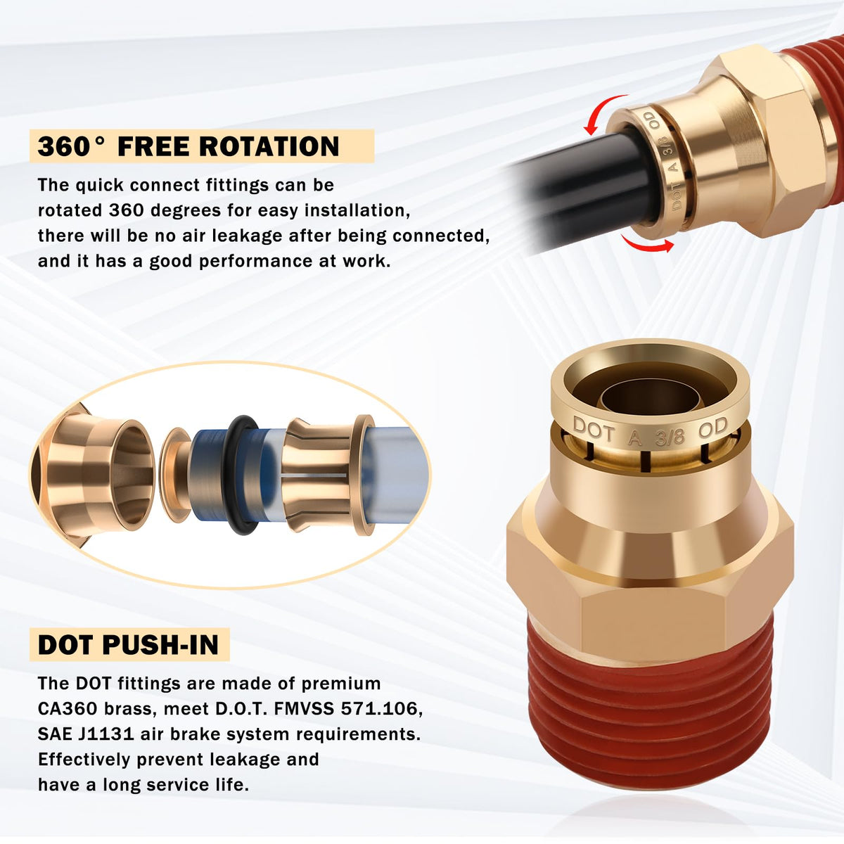 CheeMuii push connector and 90° elbow showing easy leak-resistant connection