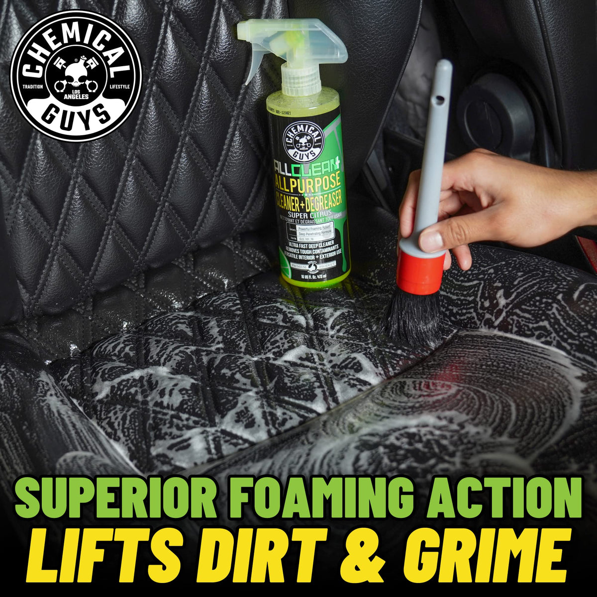 Chemical Guys cleaning dashboard plastic showing safe brightening benefit