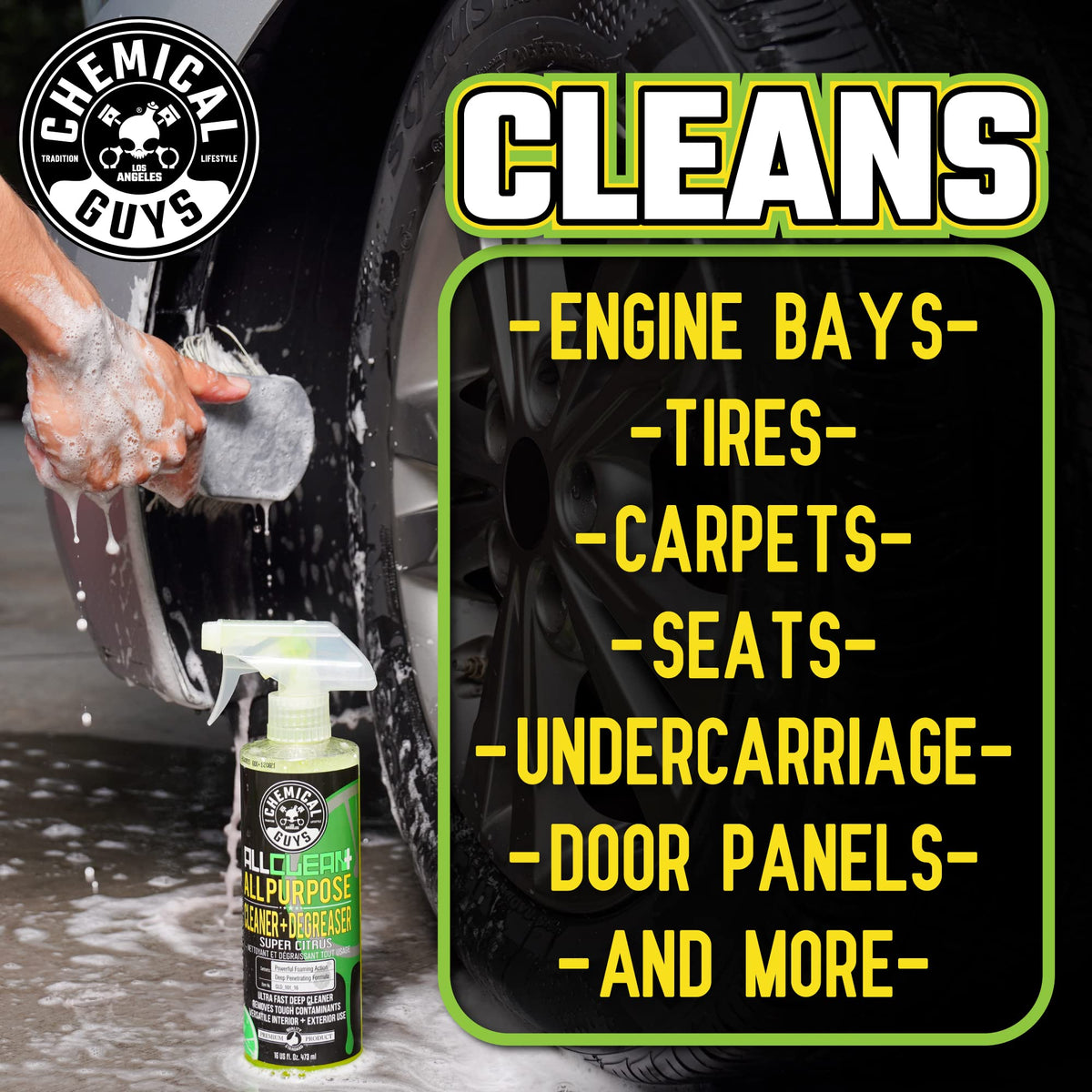 Chemical Guys sprayed into engine bay demonstrating grease-cutting benefit