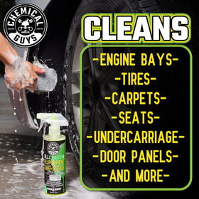 Chemical Guys sprayed into engine bay demonstrating grease-cutting benefit