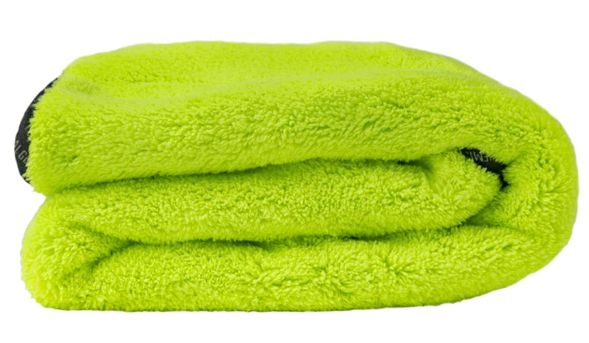 Chemical Guys front view of neon green drying towel shows full-size coverage and quick drying benefit