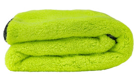 Chemical Guys front view of neon green drying towel shows full-size coverage and quick drying benefit