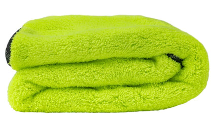 Chemical Guys front view of neon green drying towel shows full-size coverage and quick drying benefit