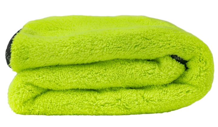 Chemical Guys front view of neon green drying towel shows full-size coverage and quick drying benefit