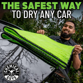 Chemical Guys towel drying an SUV panel fast, demonstrating time-saving and streak-free results