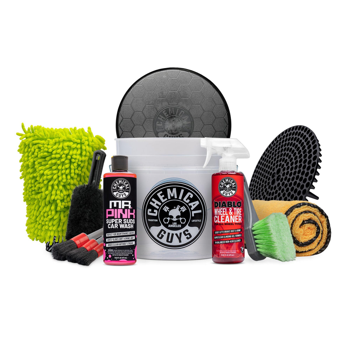 Chemical Guys front view of full 12-piece kit showing organized contents and quick identification benefit