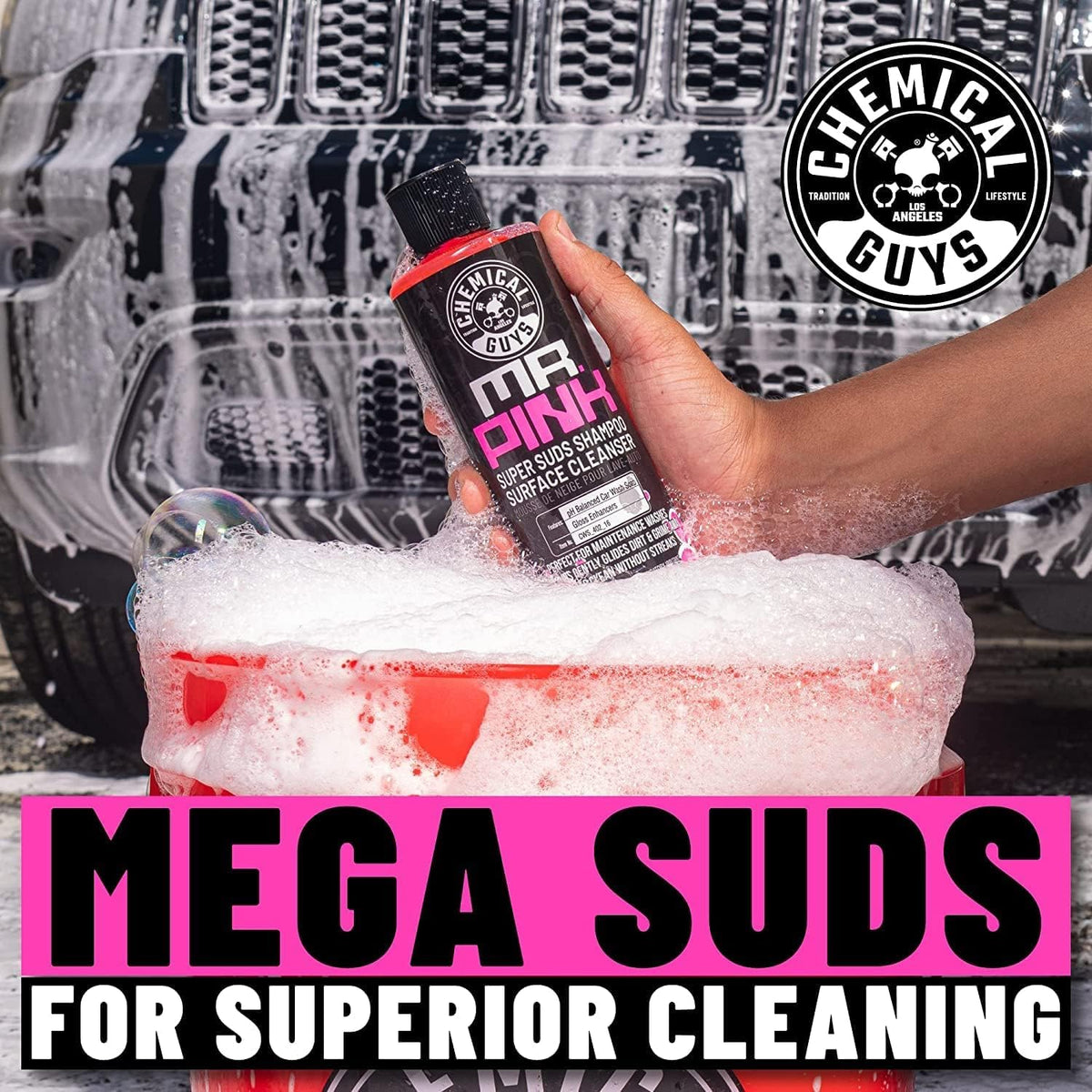 Chemical Guys kit in use on an SUV showing washing process for professional at-home results benefit