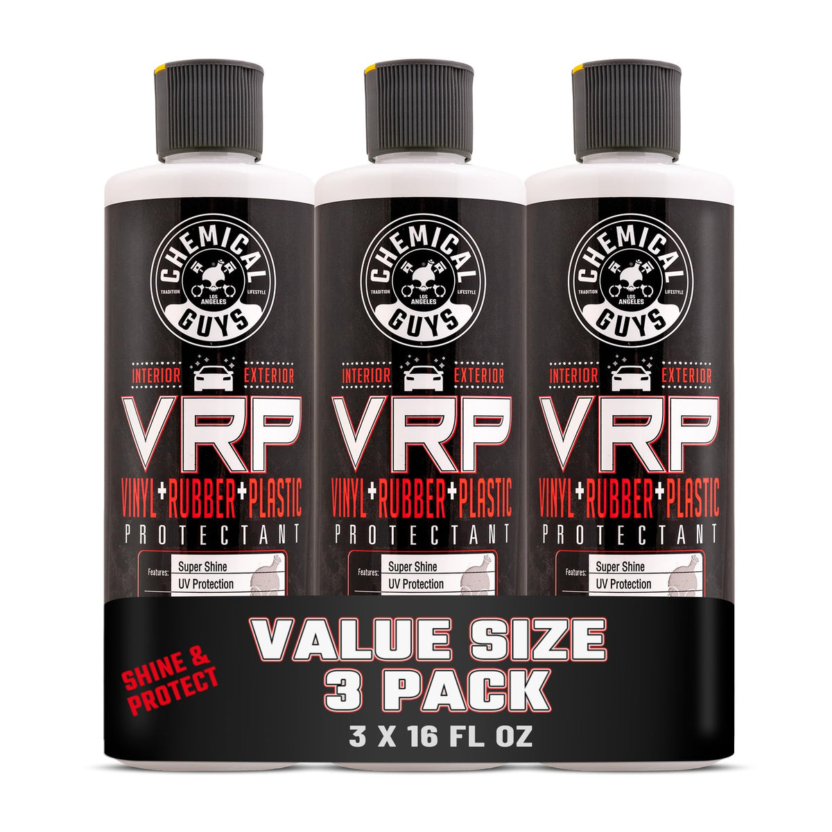 Chemical Guys front packaging showing three bottles and product benefits
