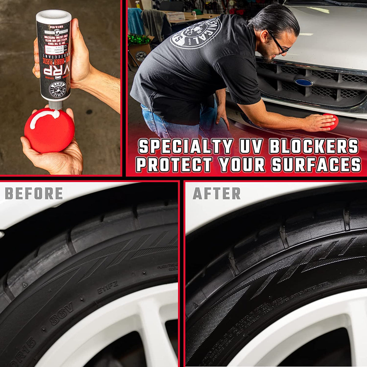 Chemical Guys applying VRP to tire restoring deep, non-greasy finish