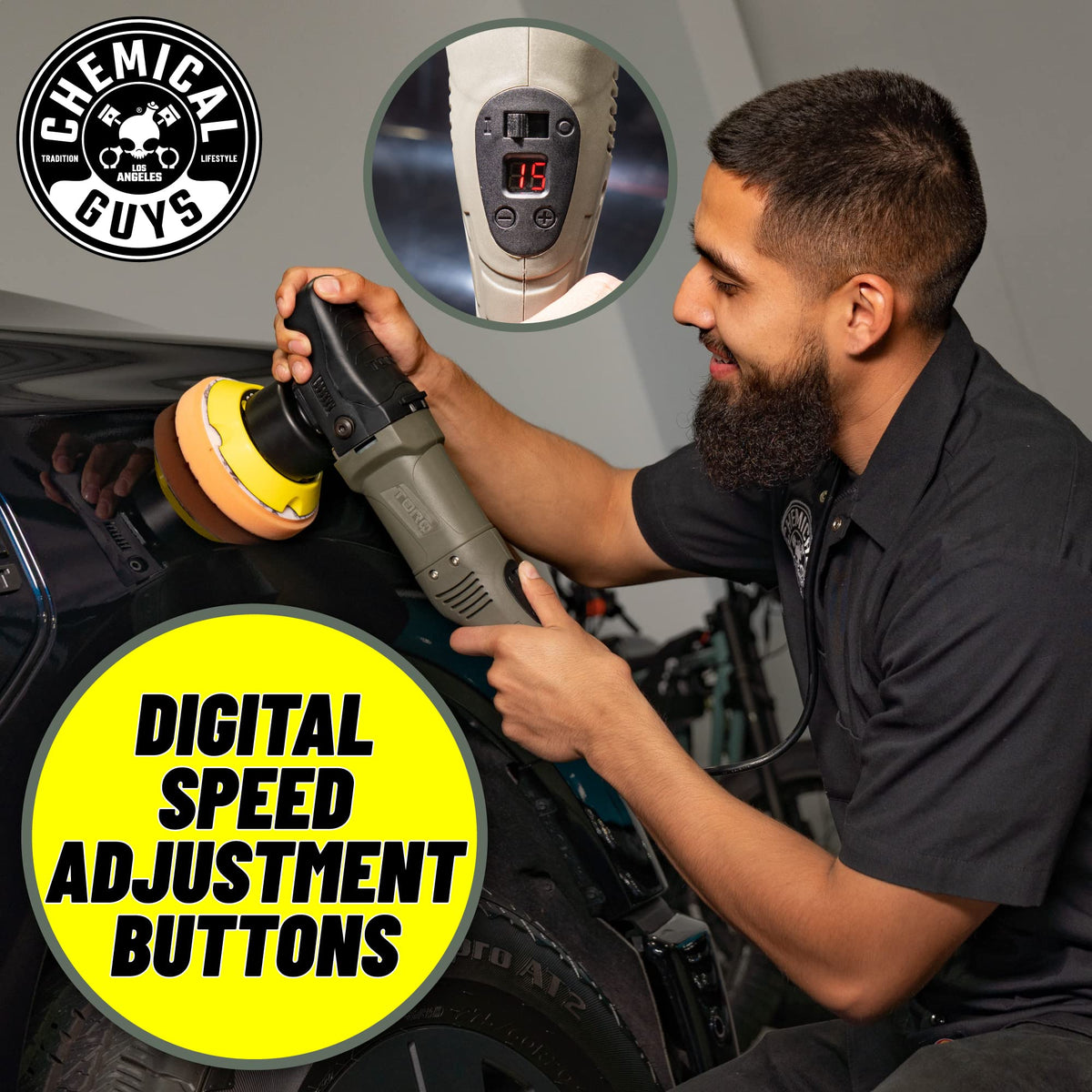Chemical Guys 10FX digital display closeup for precise speed selection