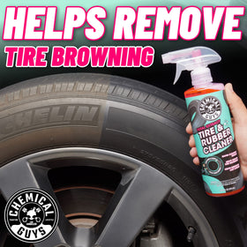 Chemical Guys being applied to tire, lifting grime for deeper black finish