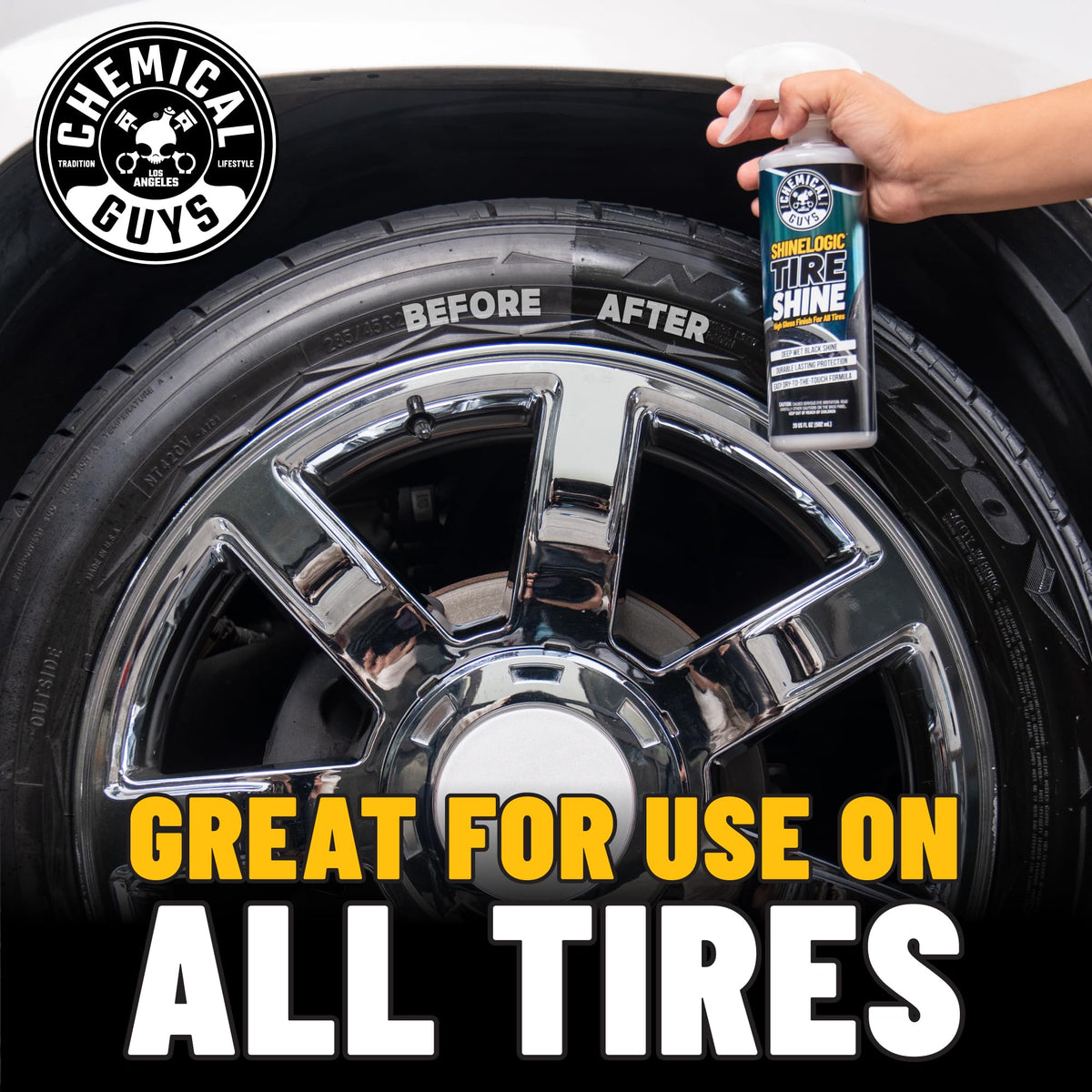 Chemical Guys applying dressing on tire sidewall demonstrating glossy restoration benefit