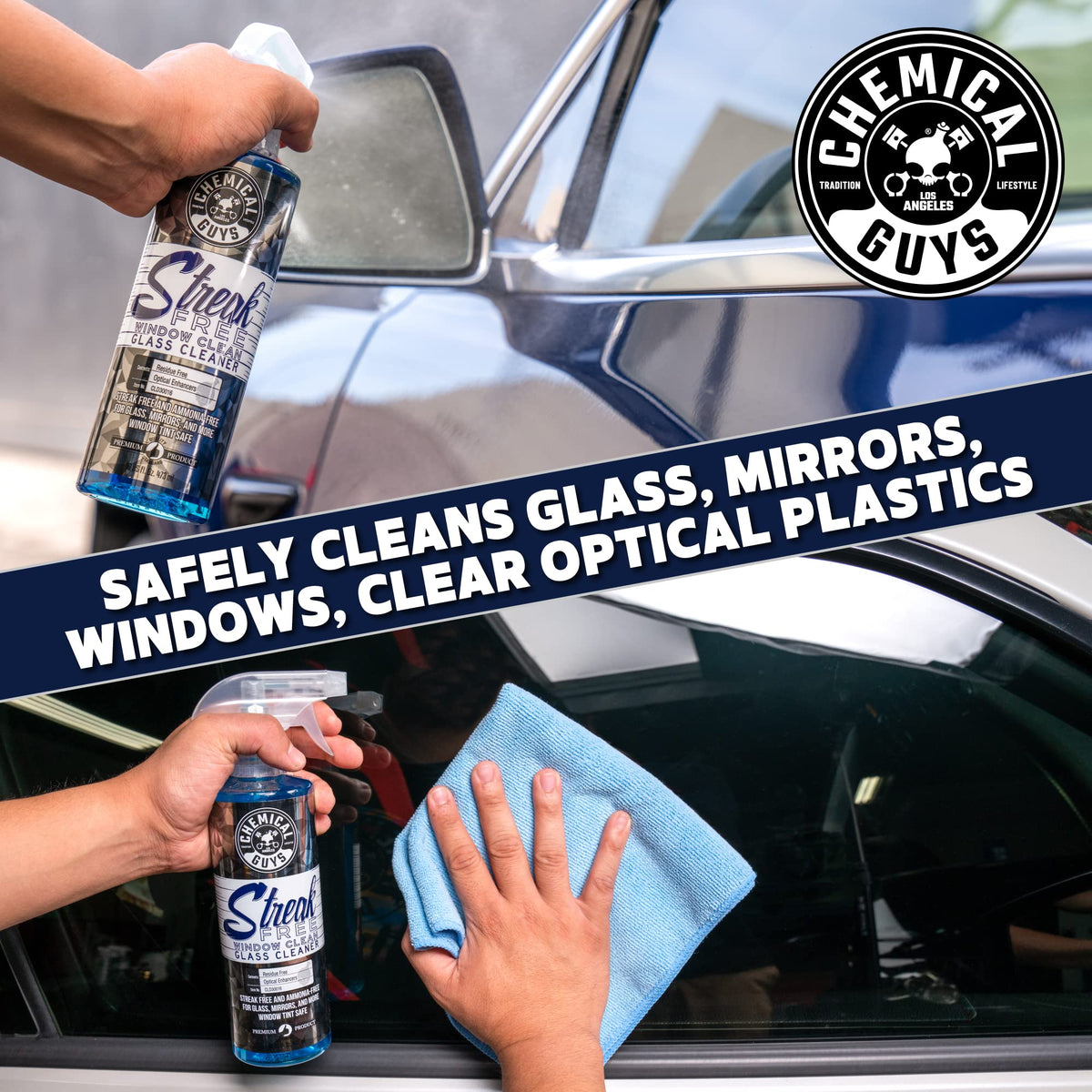 Chemical Guys being sprayed on car window showing quick dirt lift and ease of use