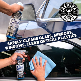 Chemical Guys being sprayed on car window showing quick dirt lift and ease of use