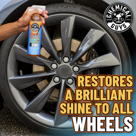 Chemical Guys being sprayed onto a wheel showing even coverage and targeted cleaning