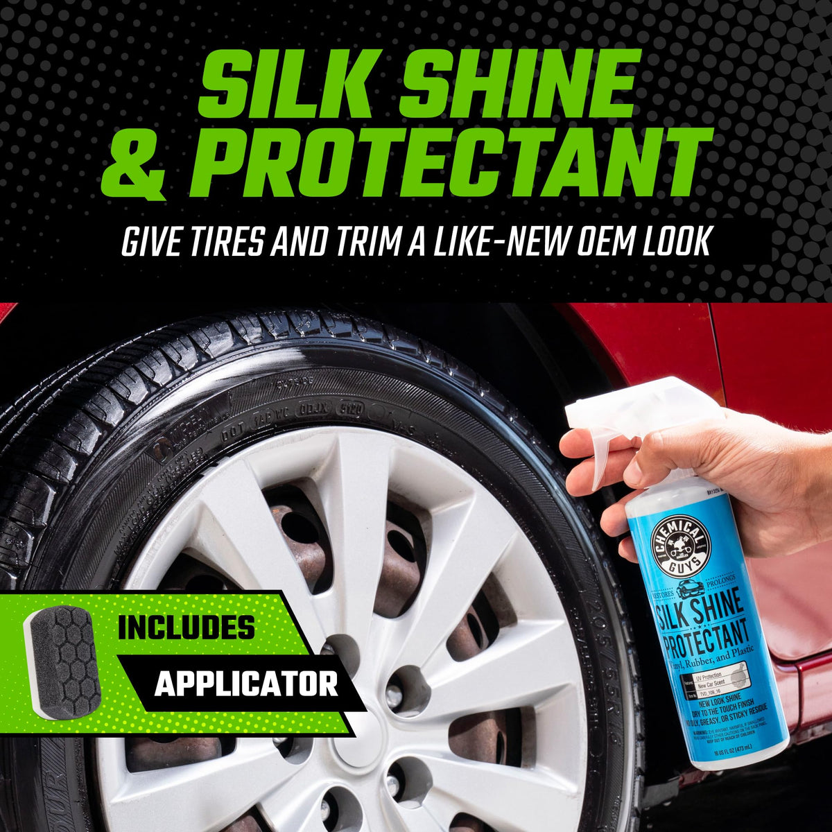 Chemical Guys applicator used on tire showing even dressing application and shine