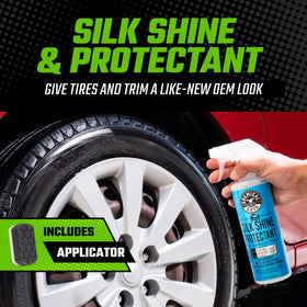 Chemical Guys applicator used on tire showing even dressing application and shine