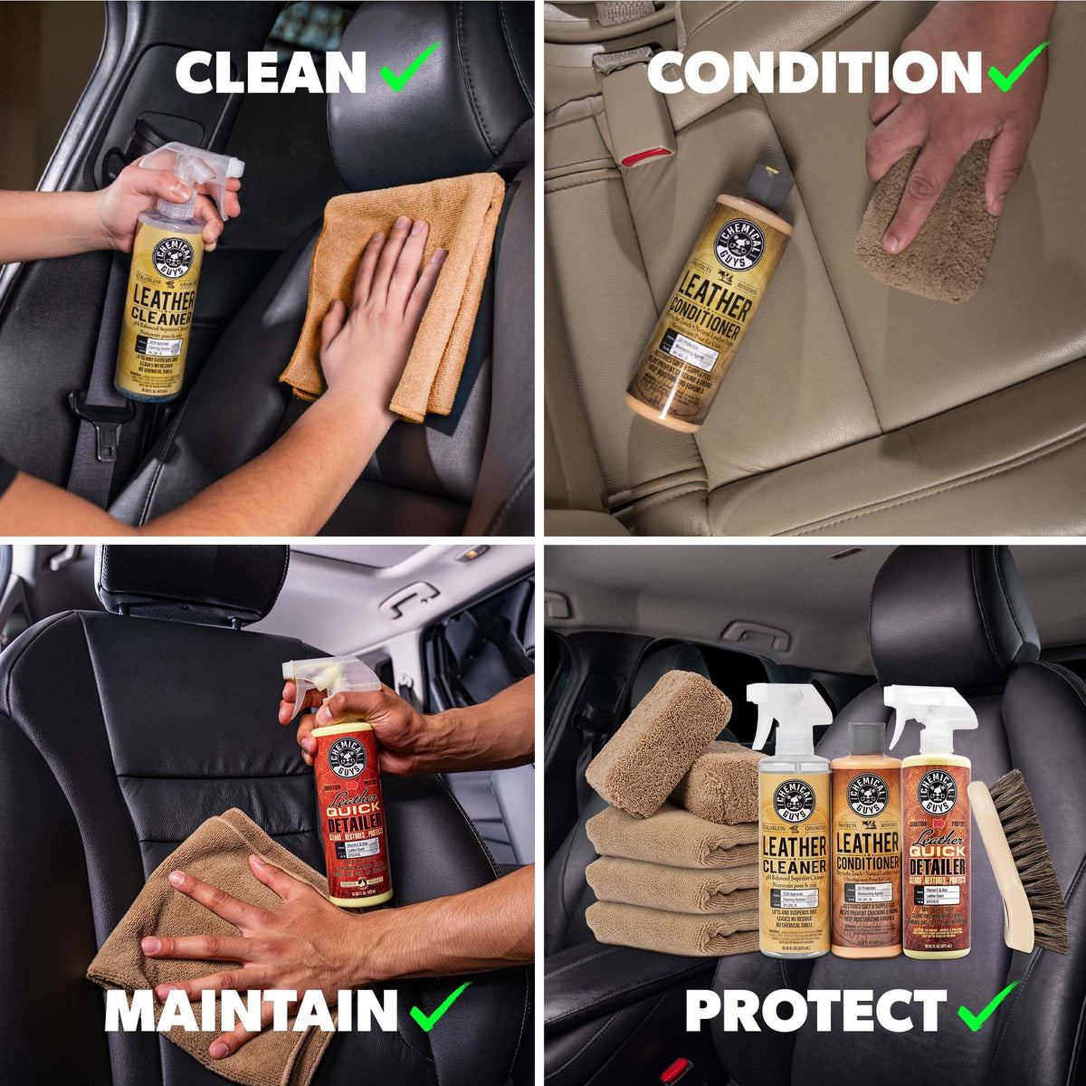 Chemical Guys applicators and brushes neatly arranged for precise cleaning and conditioning