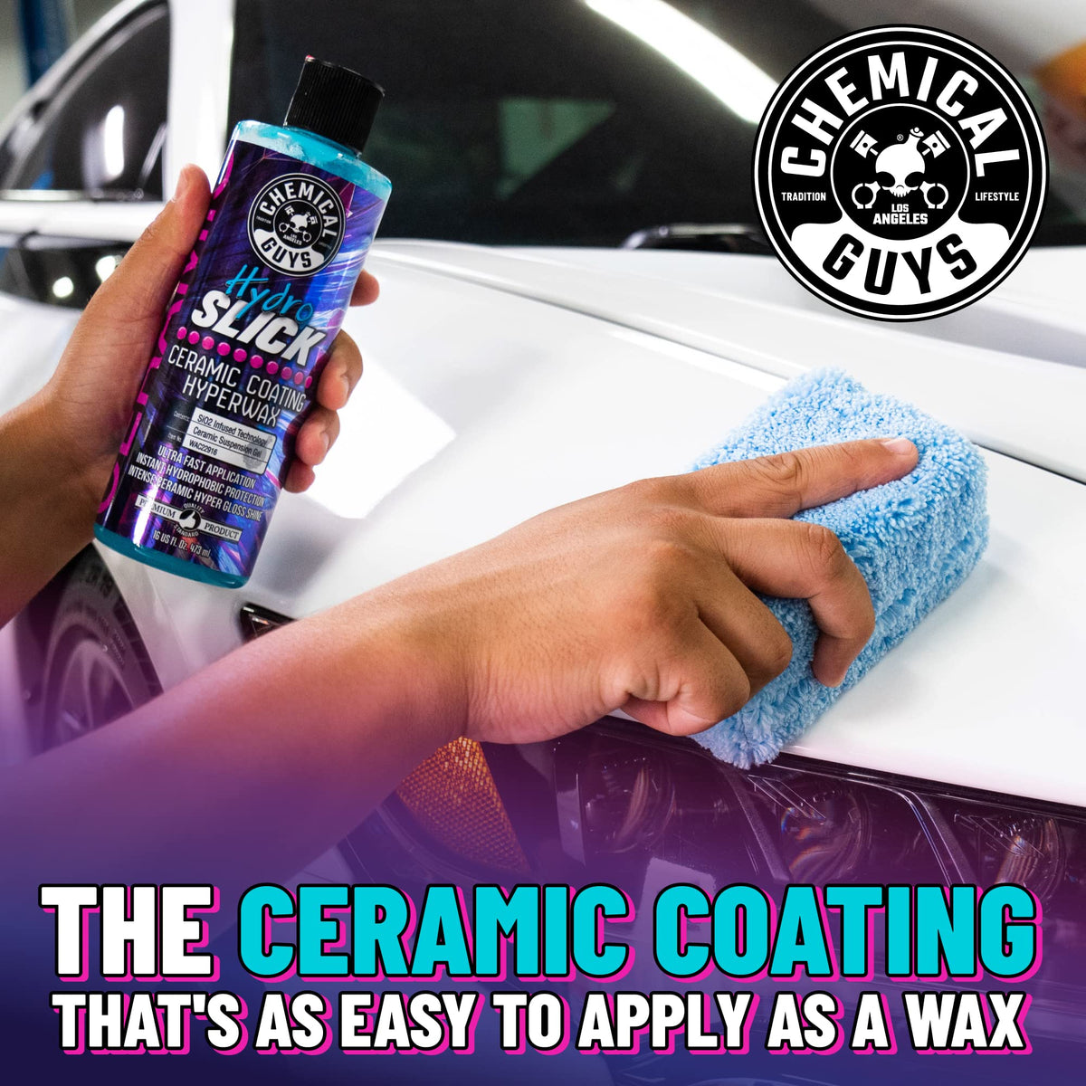 Chemical Guys product applied on car panel demonstrating streak-free removal
