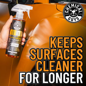 Chemical Guys being applied to matte vinyl wrap for safe cleaning