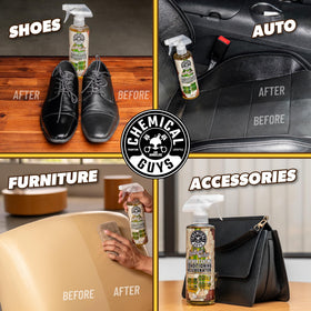 Chemical Guys applying Leather Nectar to car seat demonstrating gentle restoration benefit