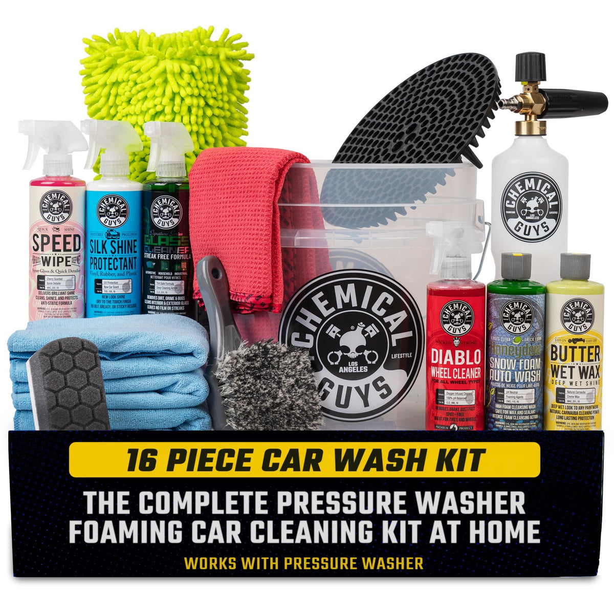 Chemical Guys front packaging showing full 16-piece kit for easy setup