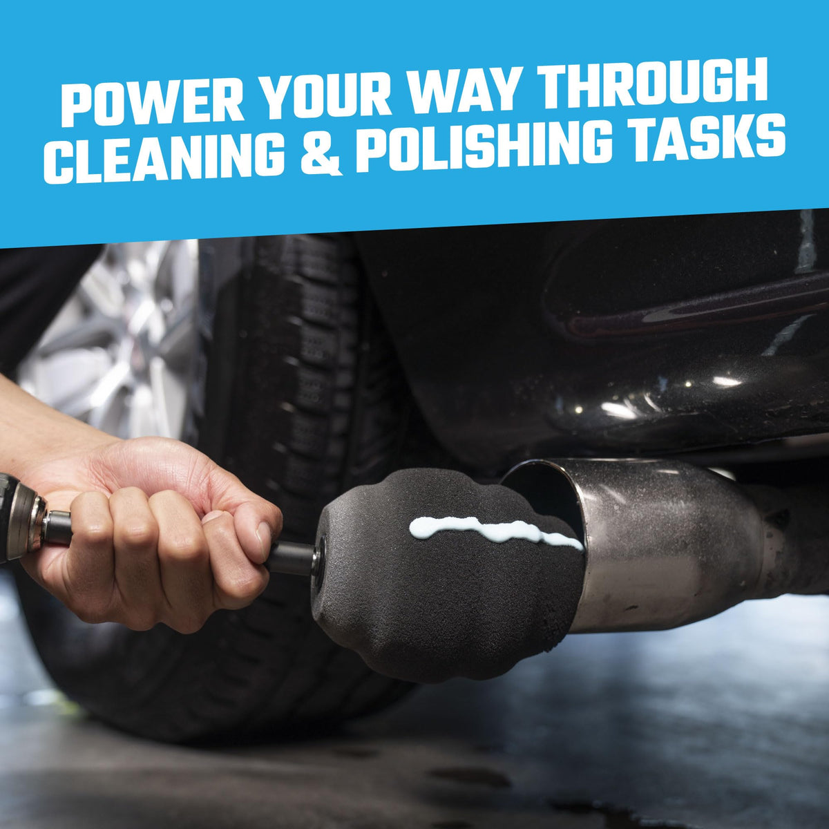 Chemical Guys Ball Buster installed in drill demonstrating powered polishing convenience