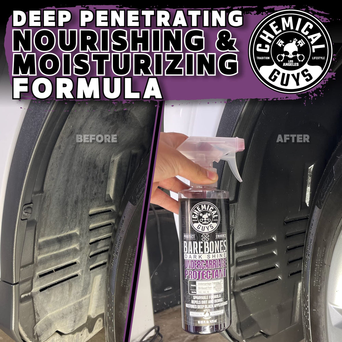 Chemical Guys treated wheel well showing deep black finish and reduced blotchiness