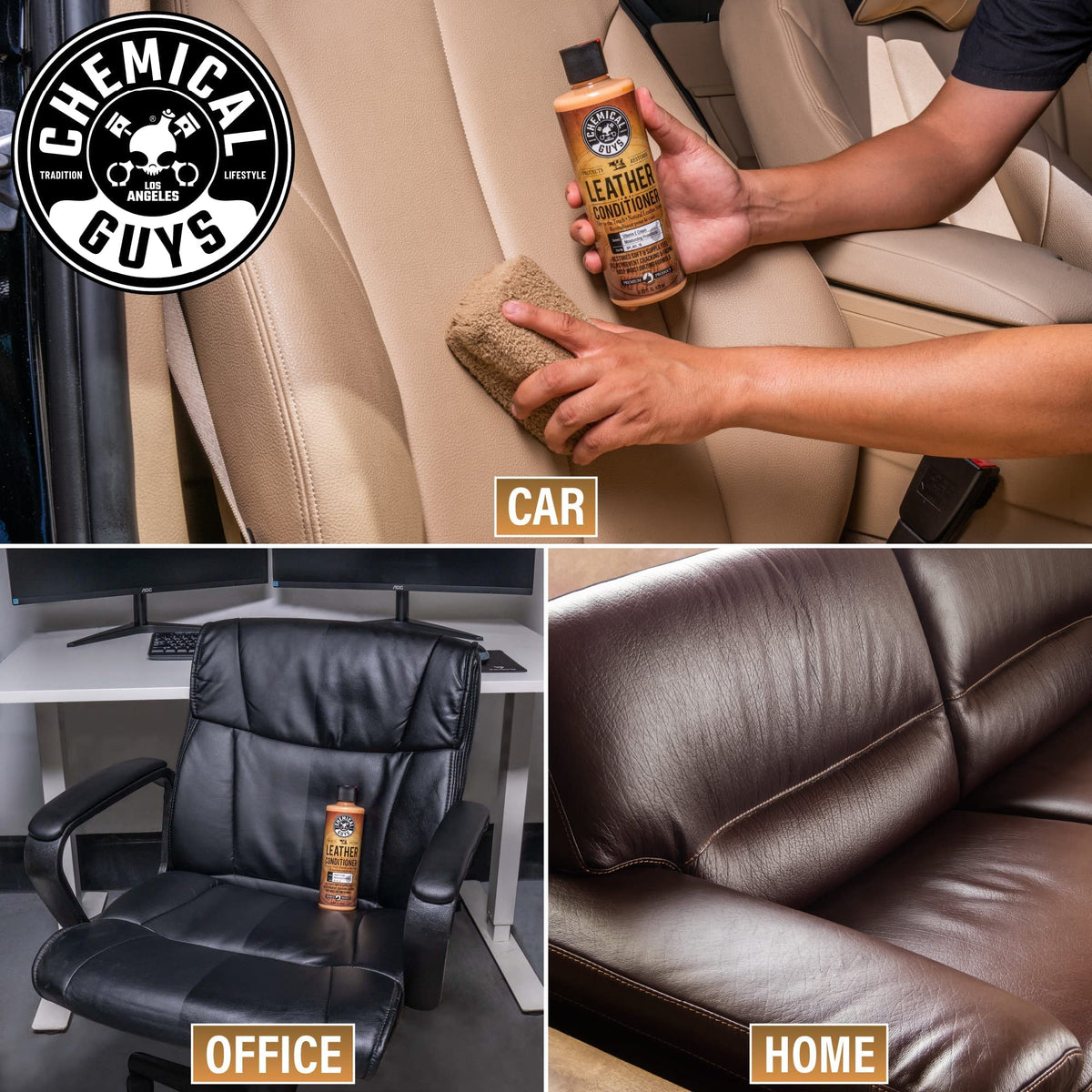 Chemical Guys before and after on automotive seat showing cleaned result