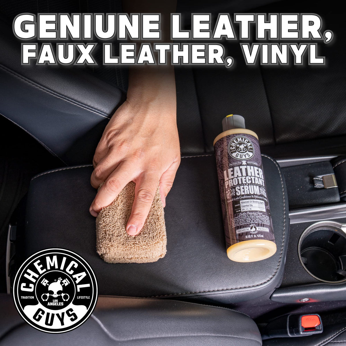 Chemical Guys before and after car seat showing restored leather look