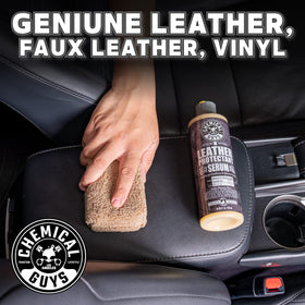 Chemical Guys before and after car seat showing restored leather look