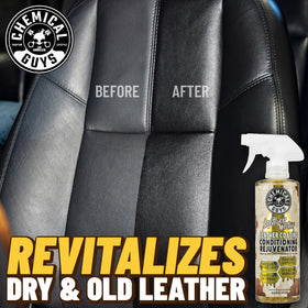 Chemical Guys before and after leather comparison showing improved suppleness and appearance