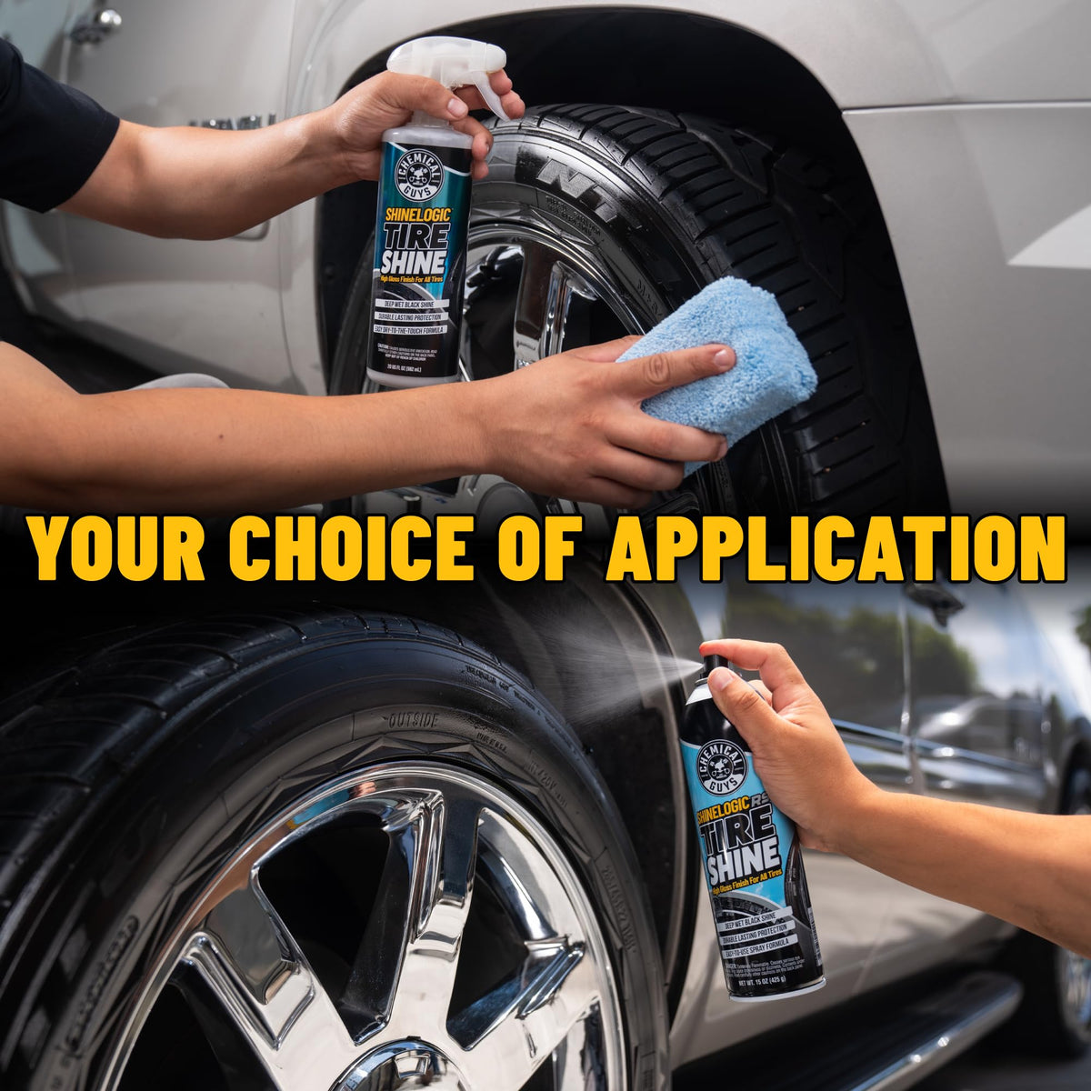 Chemical Guys before and after tires showing deeper black contrast benefit