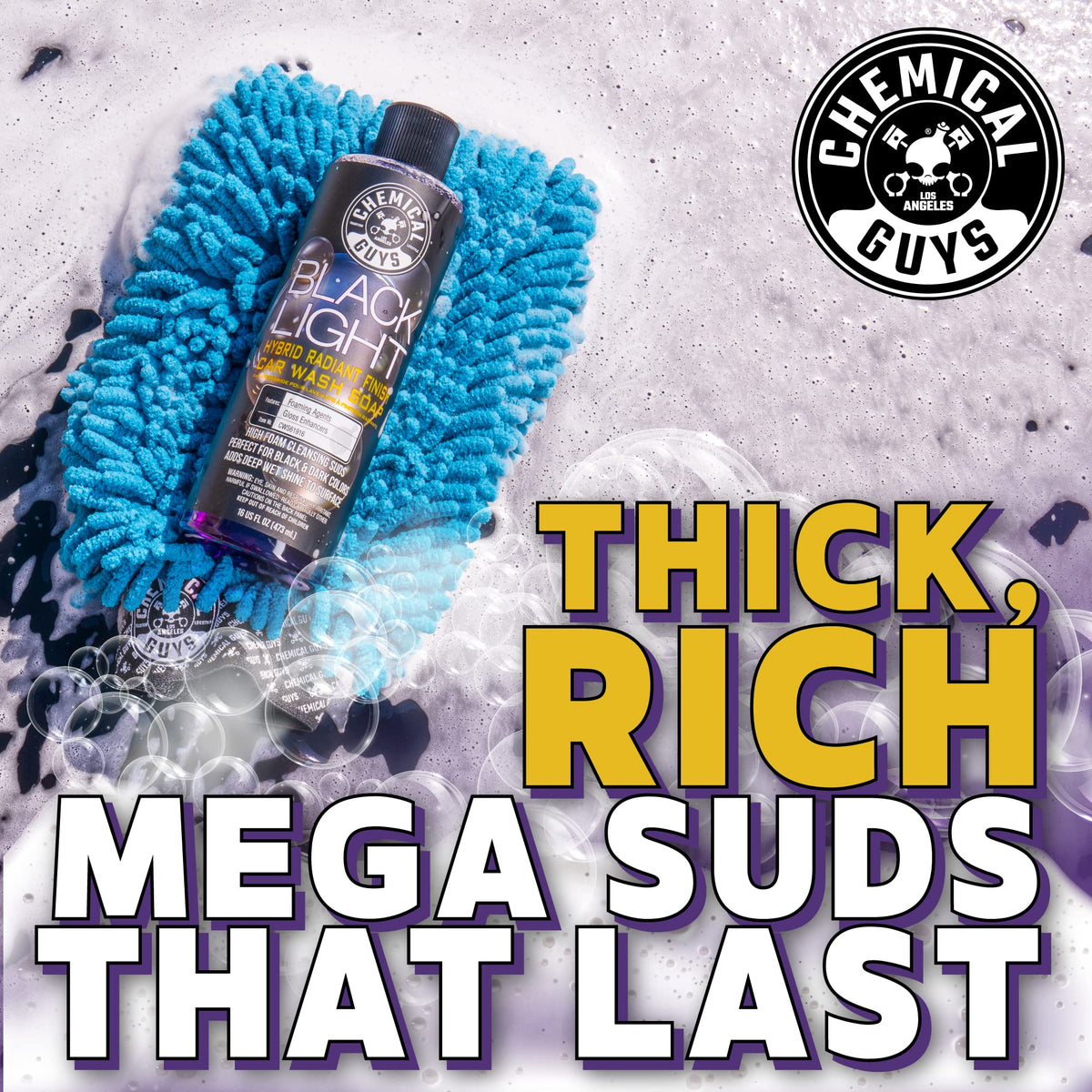 Chemical Guys foam cannon spraying thick foam on dark car panels for protection