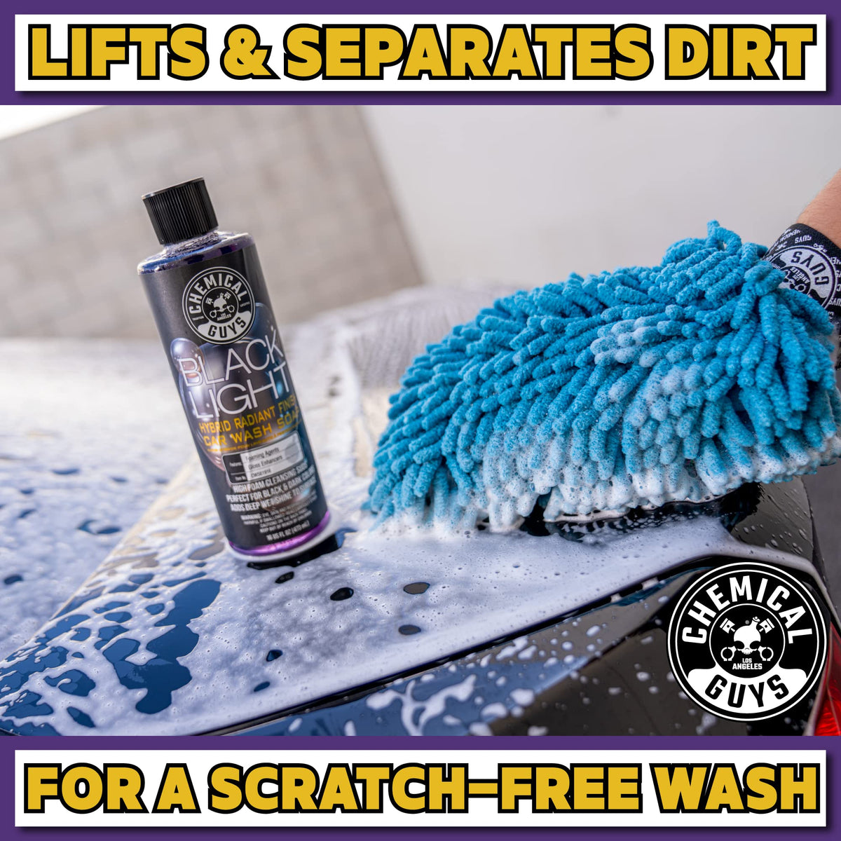 Chemical Guys rinsed black panel showing deeper gloss after wash