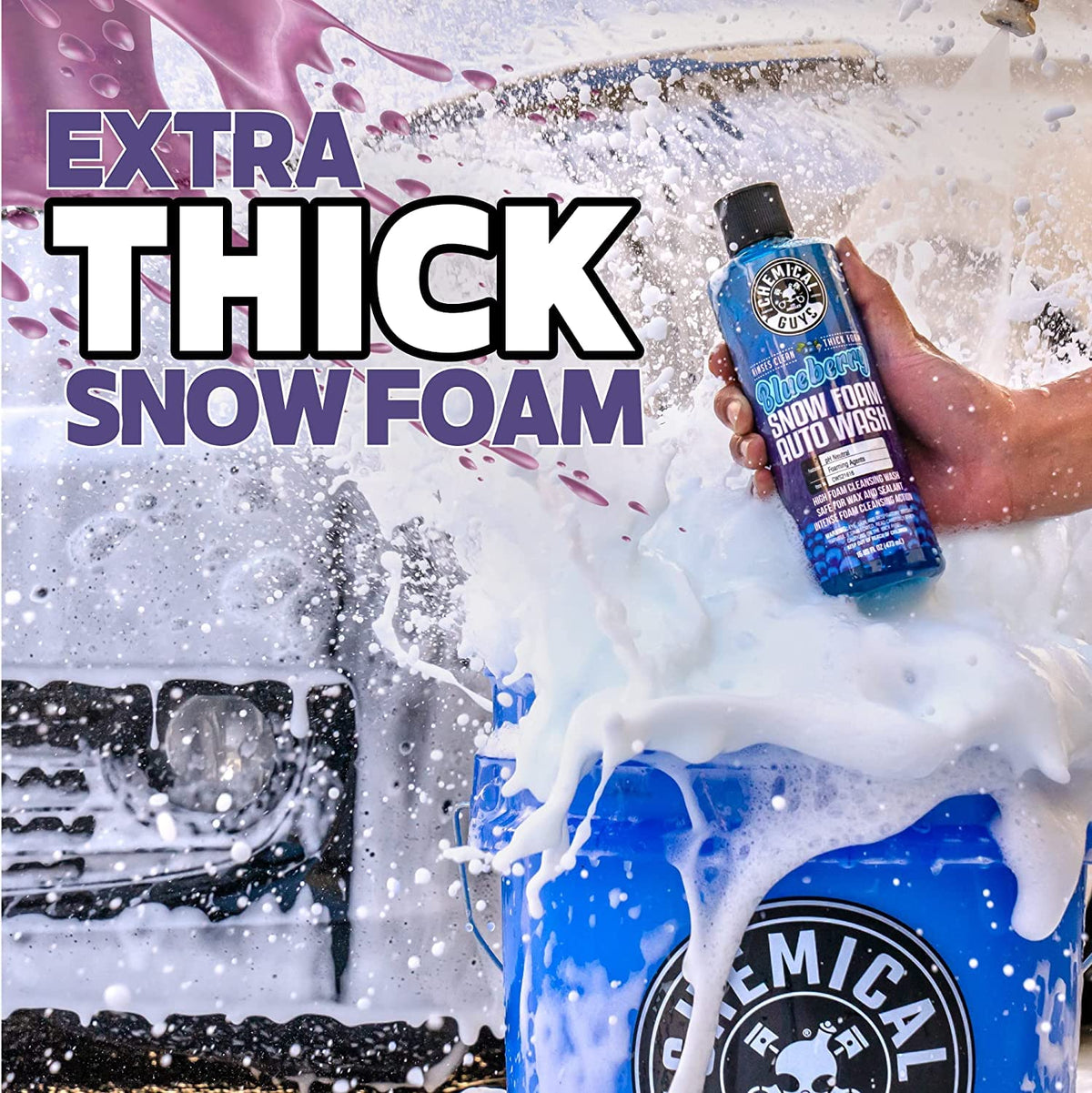 Chemical Guys foam cannon spraying thick blueberry-scented foam on car for efficient cleaning