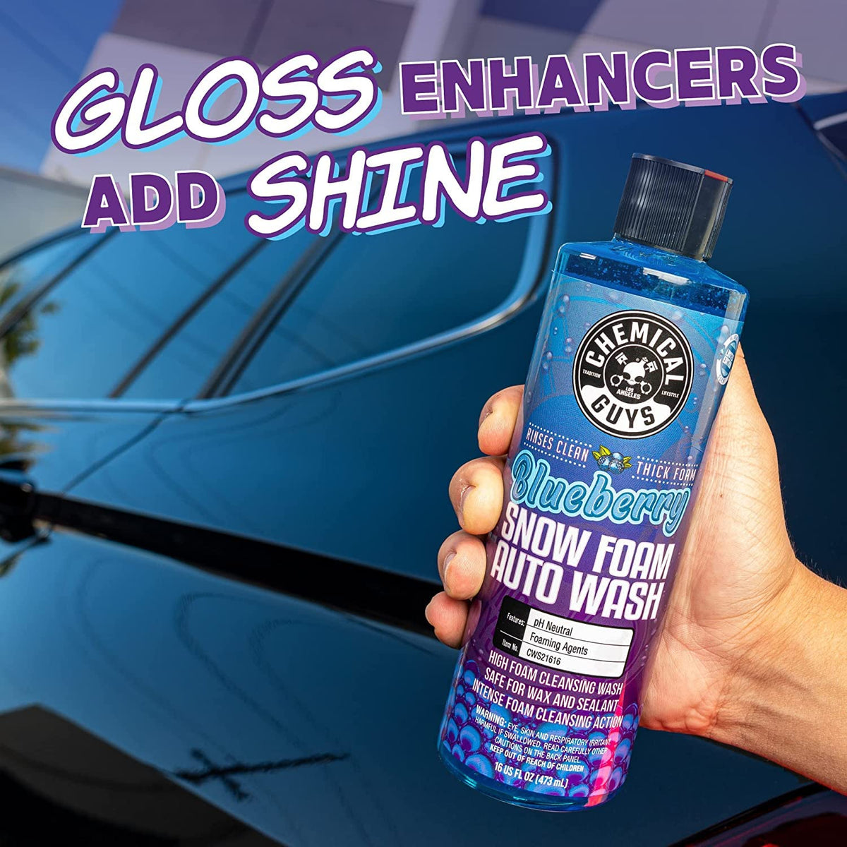 Chemical Guys pouring concentrated Blueberry Snow Foam into a foam cannon reservoir for easy mixing