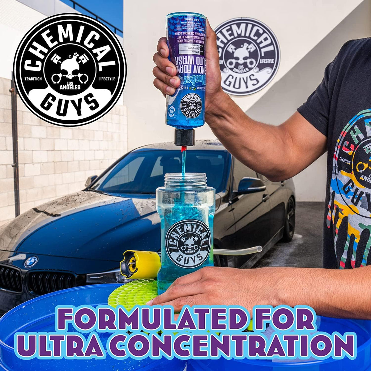 Chemical Guys 64 oz bottle next to a hand to show size and dilution value