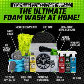 Chemical Guys product labels close-up showing included cleaners and clear usage cues